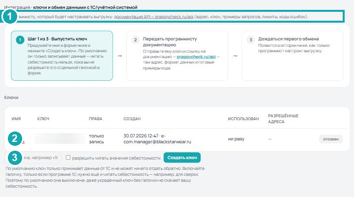 Экран «Интеграция» в портале SnappyCheck: ссылка на документацию, мастер из трёх шагов, таблица ключей и форма создания ключа