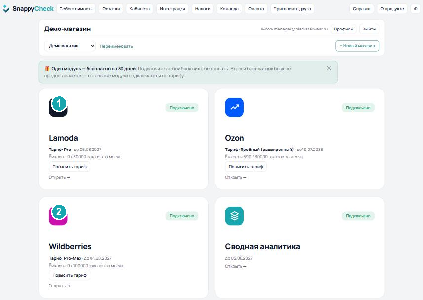 Главная портала SnappyCheck: карточка магазина, кнопка «+ Новый магазин» и плитки модулей Lamoda, Ozon, Wildberries и «Сводная аналитика»