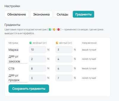 «Настройки → Градиенты»: свои пороги зелёного и жёлтого